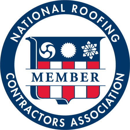 A blue and white logo for the national roofing contractors association.